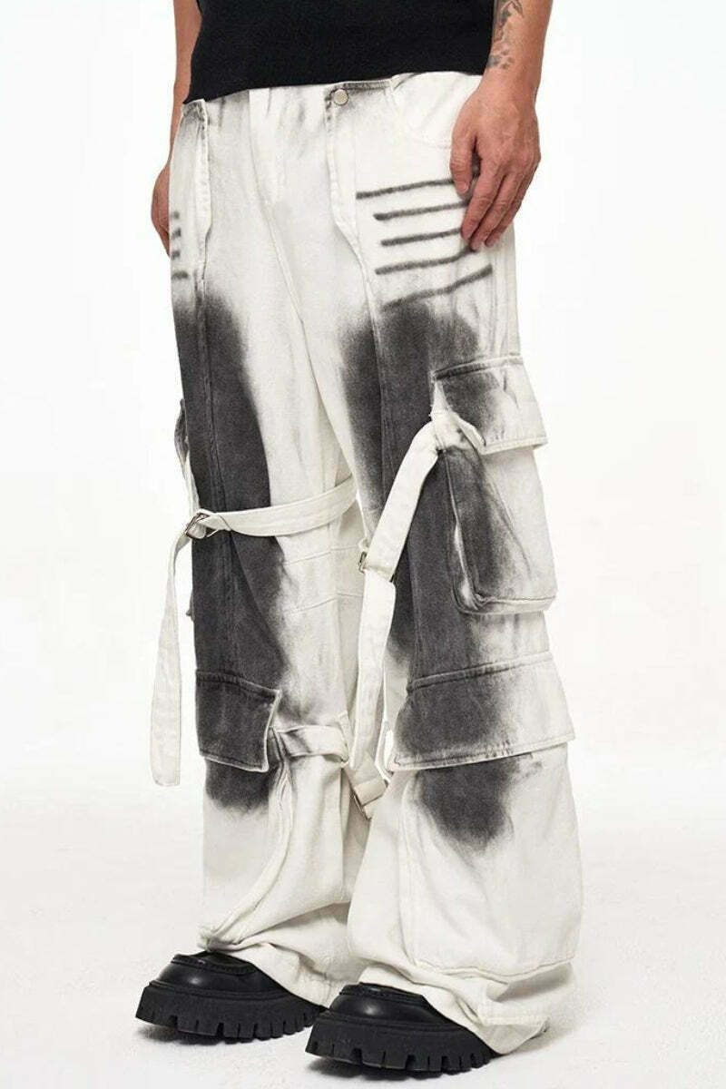 Grunge-Inspired Y2K Cargo Pants with Dirty Effect - Stylish Grey and Orange Options