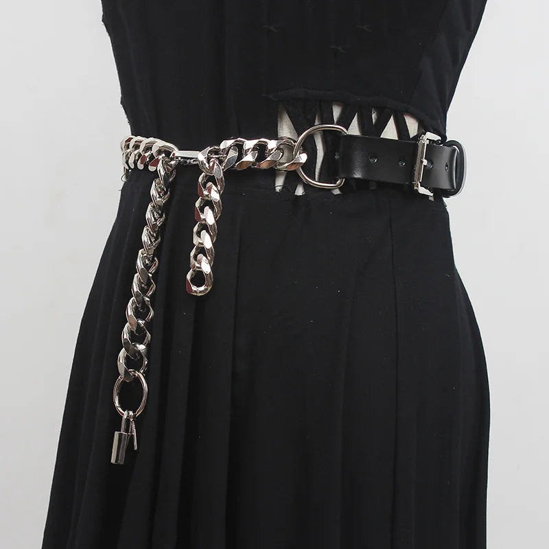 Grunge Lock Faux Leather Chain Belt - Bedazzled Y2K Style with Oval Buckle & Rivets