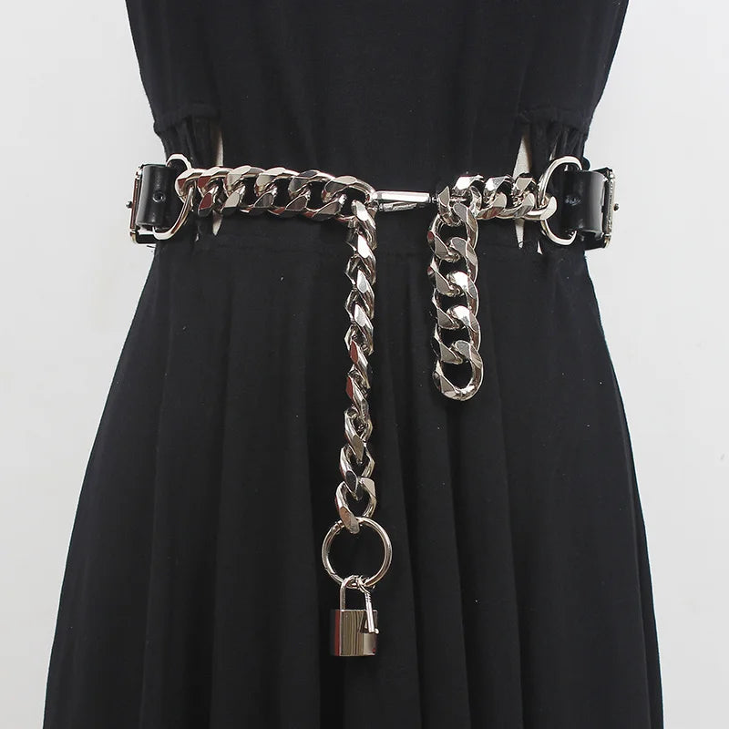 Grunge Lock Faux Leather Chain Belt - Bedazzled Y2K Style with Oval Buckle & Rivets