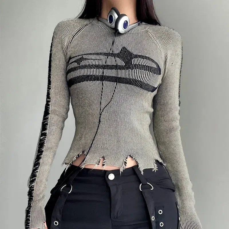 Grunge Long Sleeve Distressed Top with Bow Tie Detail - Y2K Fashion Crop Top