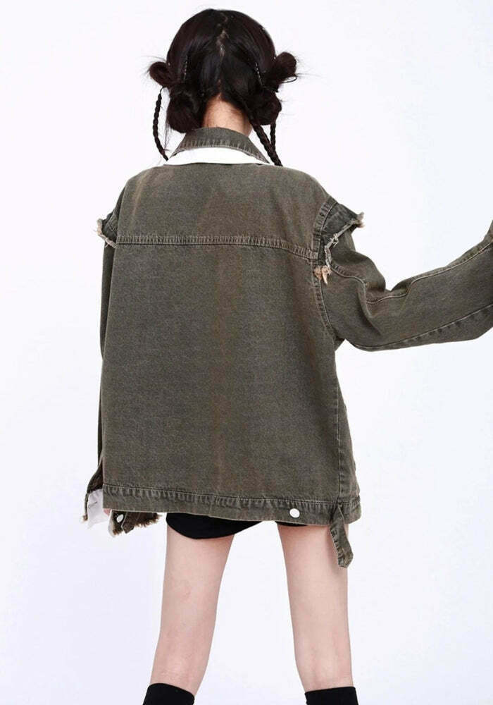 Grunge Oversized Denim Jacket - Y2K Style Baggy Button-Up for Trendy Fashion Lovers