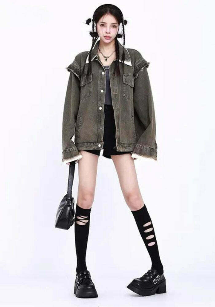 Grunge Oversized Denim Jacket - Y2K Style Baggy Button-Up for Trendy Fashion Lovers