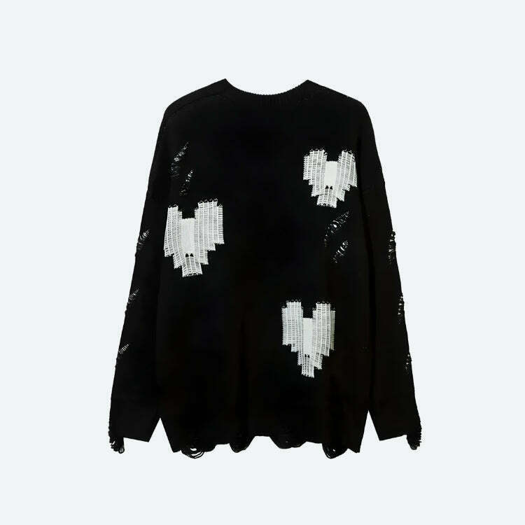 Grunge Pixel Hearts Knitted Sweater - Aesthetic Y2K Style with Unique Embroidery Design