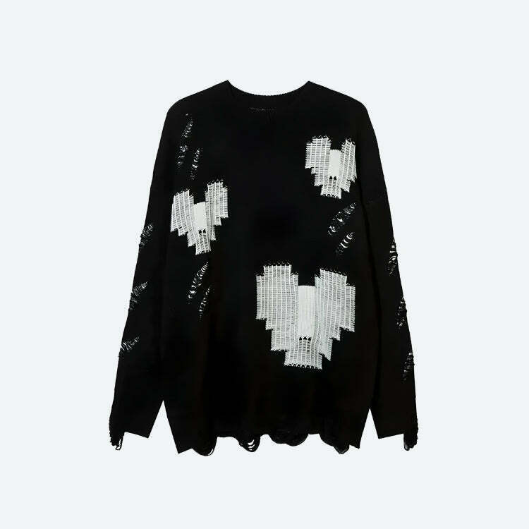 Grunge Pixel Hearts Knitted Sweater - Aesthetic Y2K Style with Unique Embroidery Design