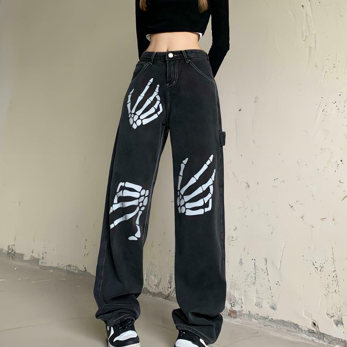 Grunge Skeleton Hand Printed Baggy Jeans - Trendy Y2K Style with Unique Skeleton Design