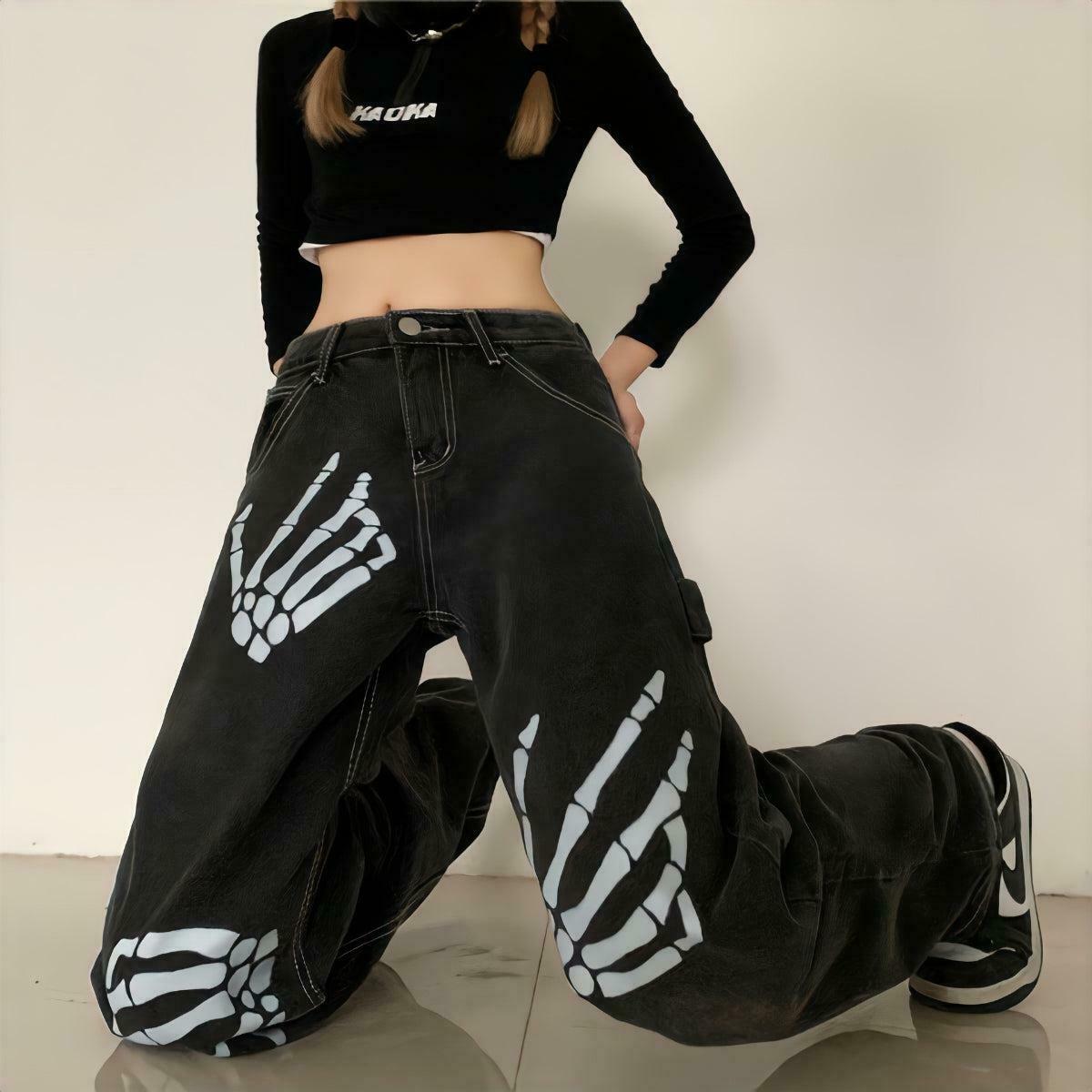 Grunge Skeleton Hand Printed Baggy Jeans - Trendy Y2K Style with Unique Skeleton Design