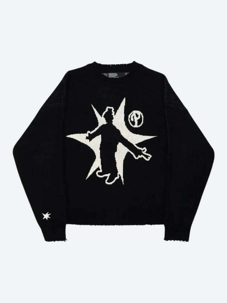 Grunge Starboy Distressed Knitted Sweater - Aesthetic Y2K Fashion with Unique Embroidery