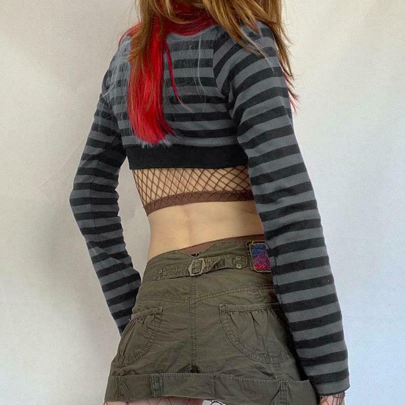 Grunge Striped Button-Up Crop Top - Y2K Fashion with Trendy Stripes and Stylish Fit