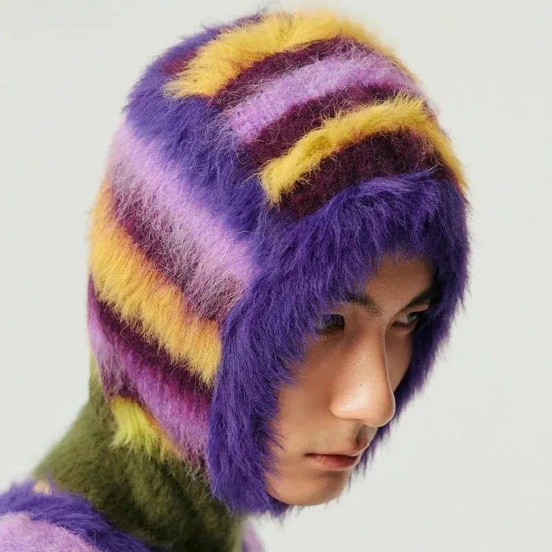 Indie Striped Fluffy Balaclava - Cozy Grunge Accessory for Y2K Fashion Lovers