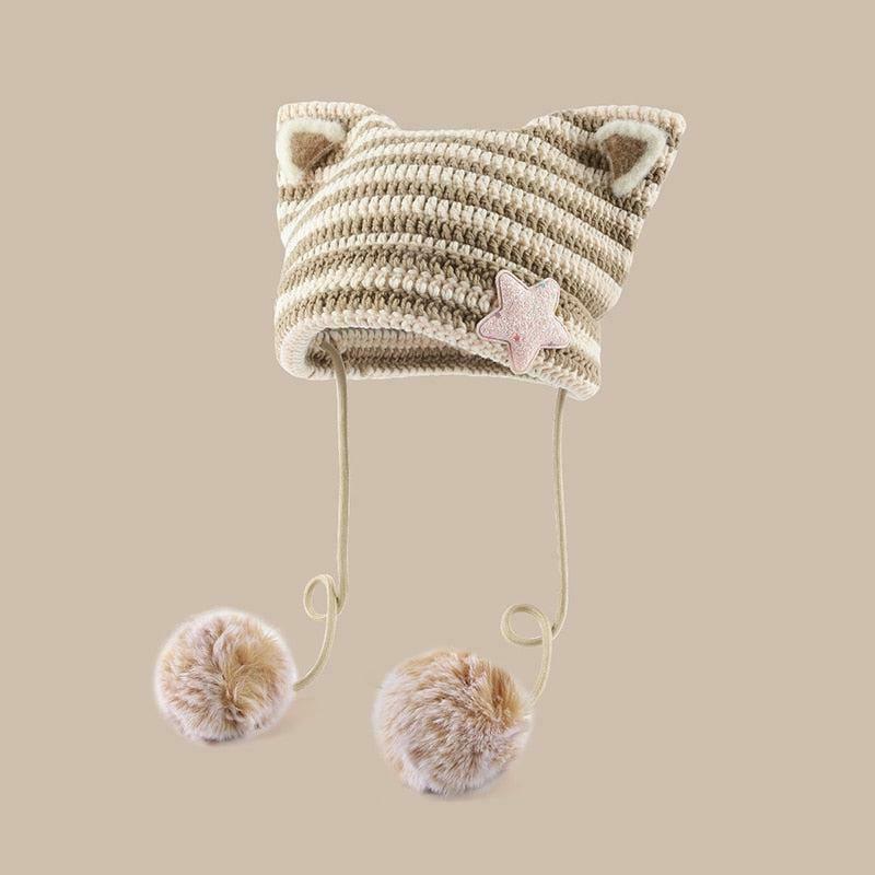 Kawaii Cat Ear Pom-Pom Beanie - Trendy Y2K Style Cat Beanie for Fashion-Forward Women