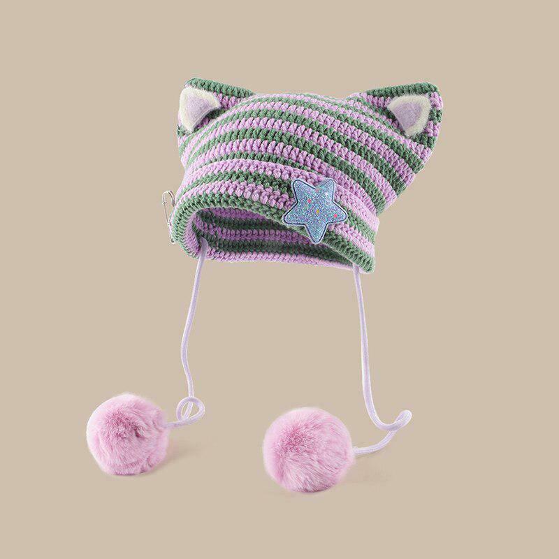 Kawaii Cat Ear Pom-Pom Beanie - Trendy Y2K Style Cat Beanie for Fashion-Forward Women