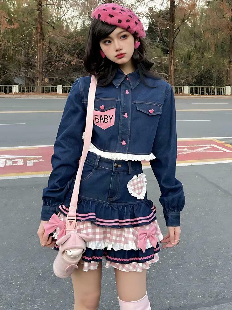 Kawaii Layered Denim Mini Skirt - Trendy Y2K Style with Playful Layers and Chic Appeal