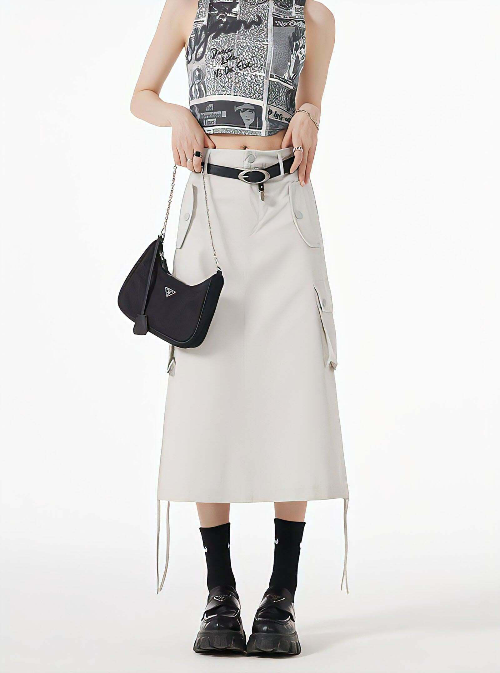 Khaki Pleated Cargo Midi Skirt with Slit & String Detail - Trendy Y2K Fashion Essential