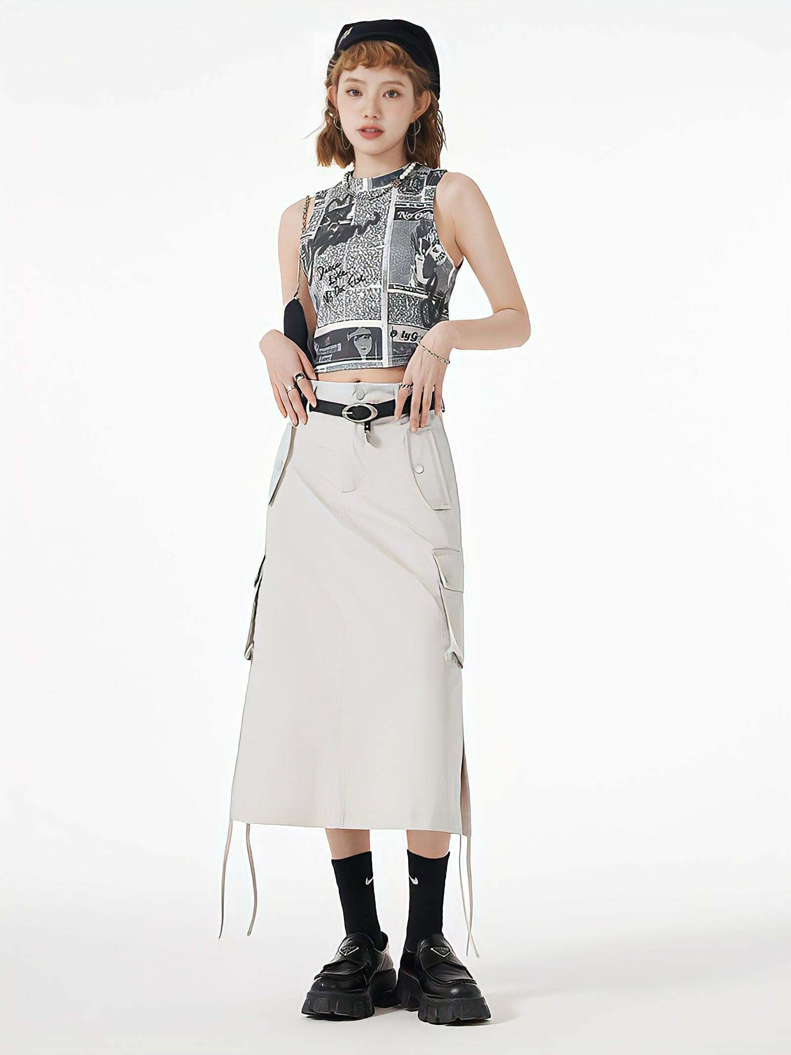 Khaki Pleated Cargo Midi Skirt with Slit & String Detail - Trendy Y2K Fashion Essential