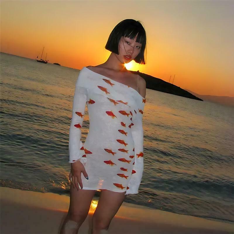 Koi Fish Printed Mesh Mini Dress - Trendy Y2K Bohemian Style with Long Sleeves and Pink Plaid