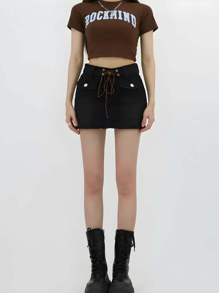 Lace Up Belted Denim Mini Skort - Trendy Y2K Style for Classy Feminine Outfits