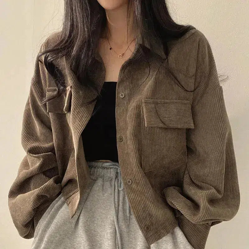 Light Academia Cropped Corduroy Jacket - Trendy Y2K Style with Color Block Design