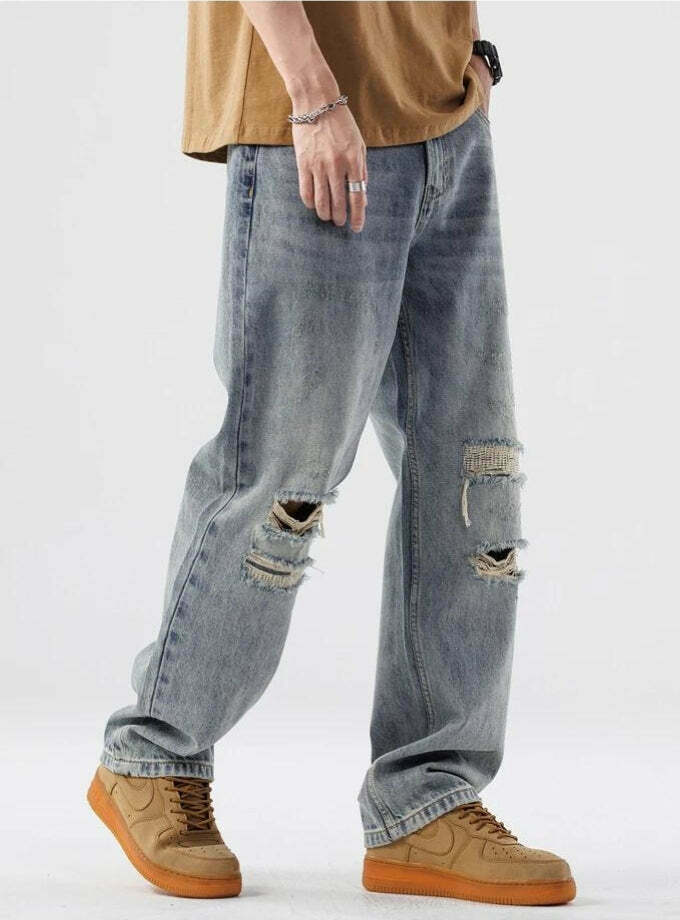 Light Wash Distressed Knee Jeans for Trendy Y2K Style - Baggy, Ripped, and Fashion-Forward