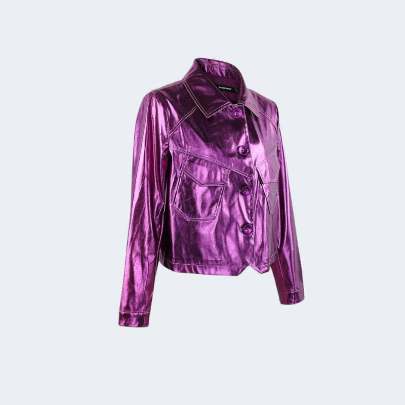 Metallic Fuchsia Faux Leather Jacket - Trendy Y2K Style with Bold Color and Chic Design