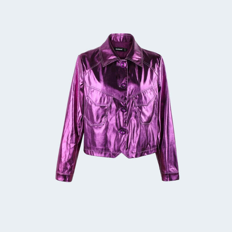 Metallic Fuchsia Faux Leather Jacket - Trendy Y2K Style with Bold Color and Chic Design