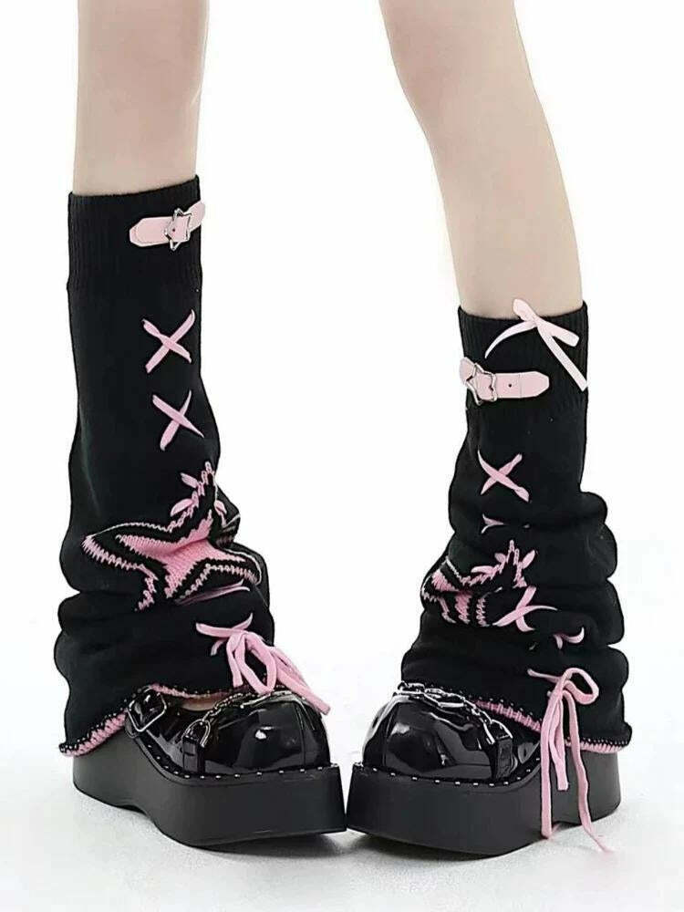 Pastel Goth Lace-Up Belted Leg Warmers - Elegant Aesthetic Strawberry & Faux Fur Styles