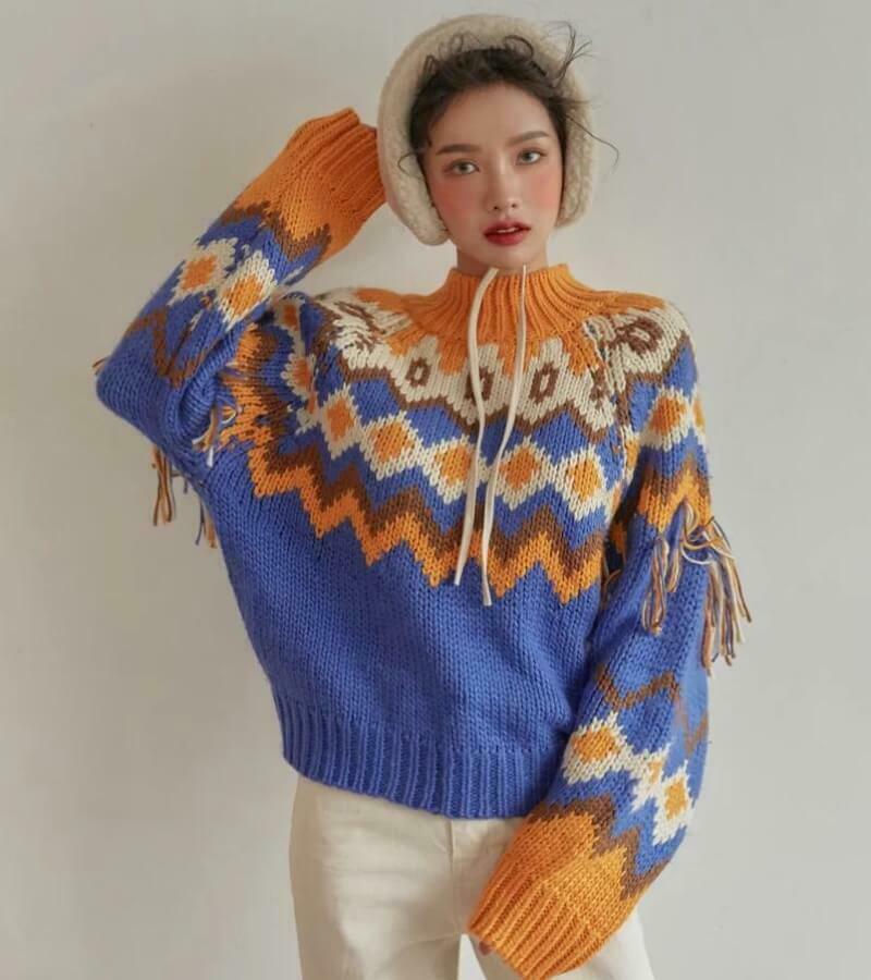 Retro Pattern Knitted Christmas Sweater - Aesthetic Y2K Style with Unique Cat & Skeleton Design