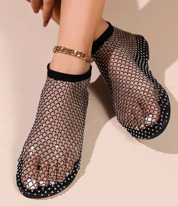 Rhinestone Fishnet Ballerina Flats - Chic Y2K Style with Sparkling Rhinestone Accents