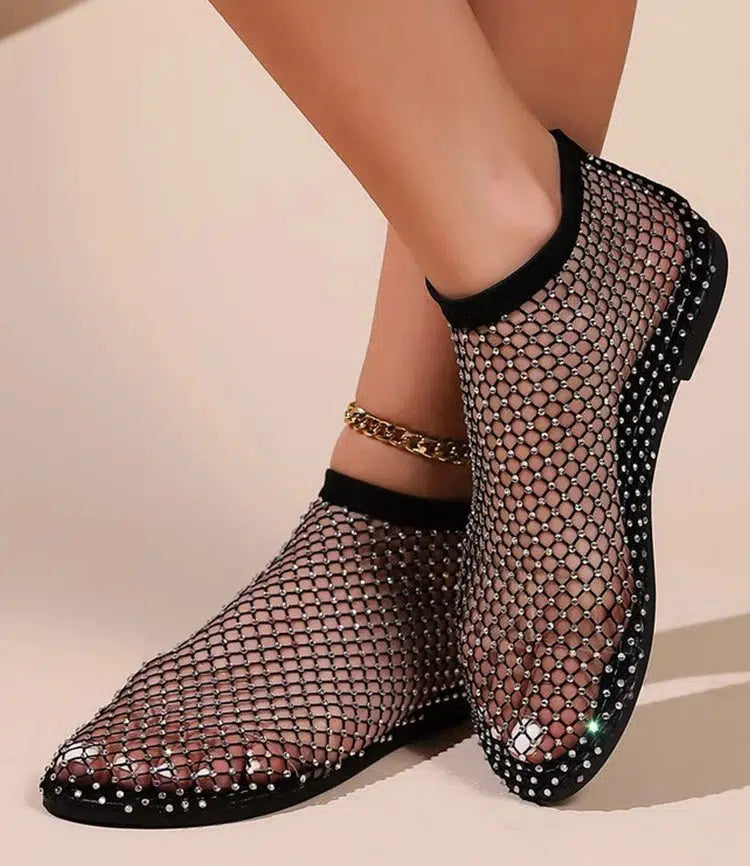 Rhinestone Fishnet Ballerina Flats - Chic Y2K Style with Sparkling Rhinestone Accents