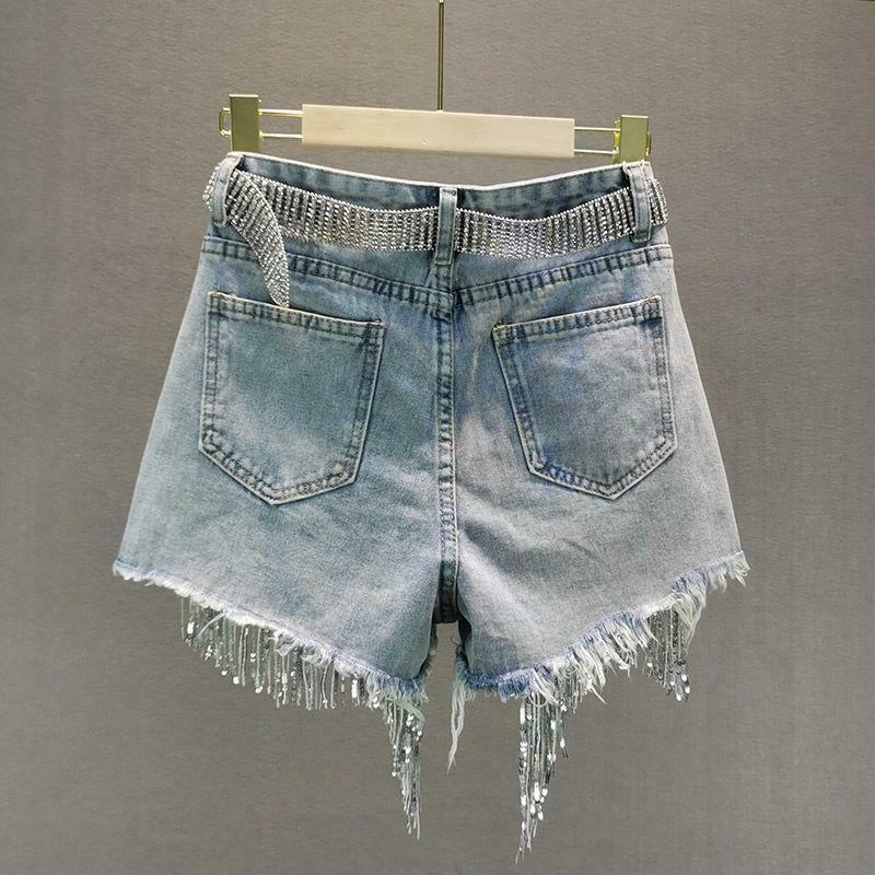 Rhinestone Fringe Denim Shorts - Y2K Flare Style with Chic Patchwork and Eye-Catching Details