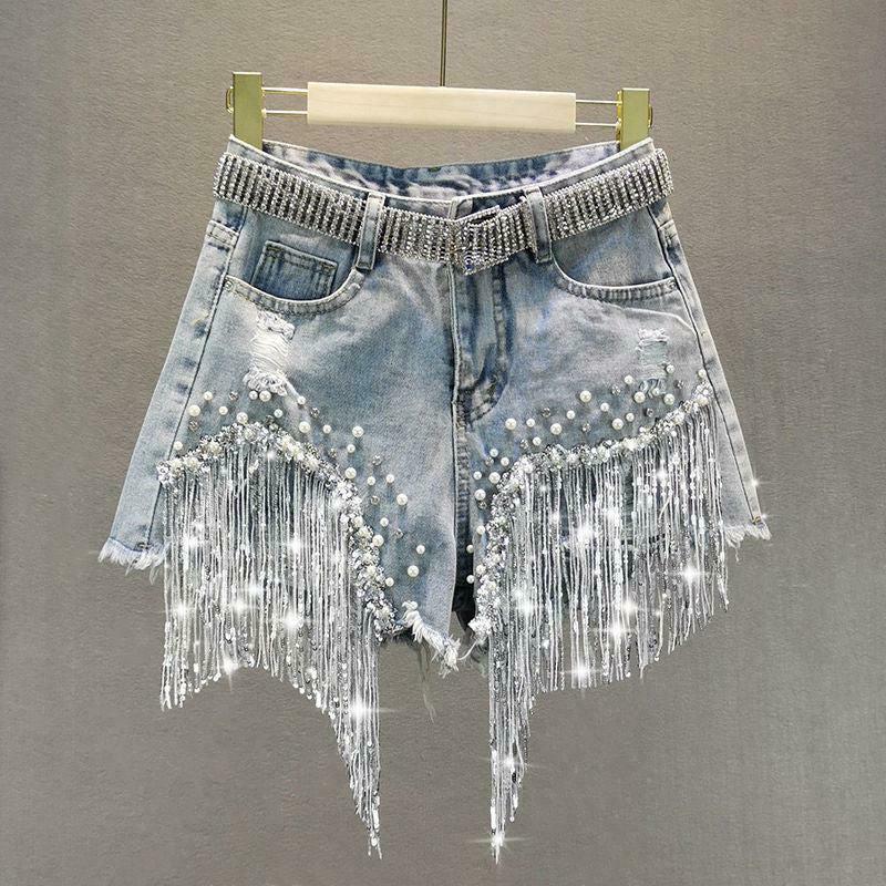 Rhinestone Fringe Denim Shorts - Y2K Flare Style with Chic Patchwork and Eye-Catching Details