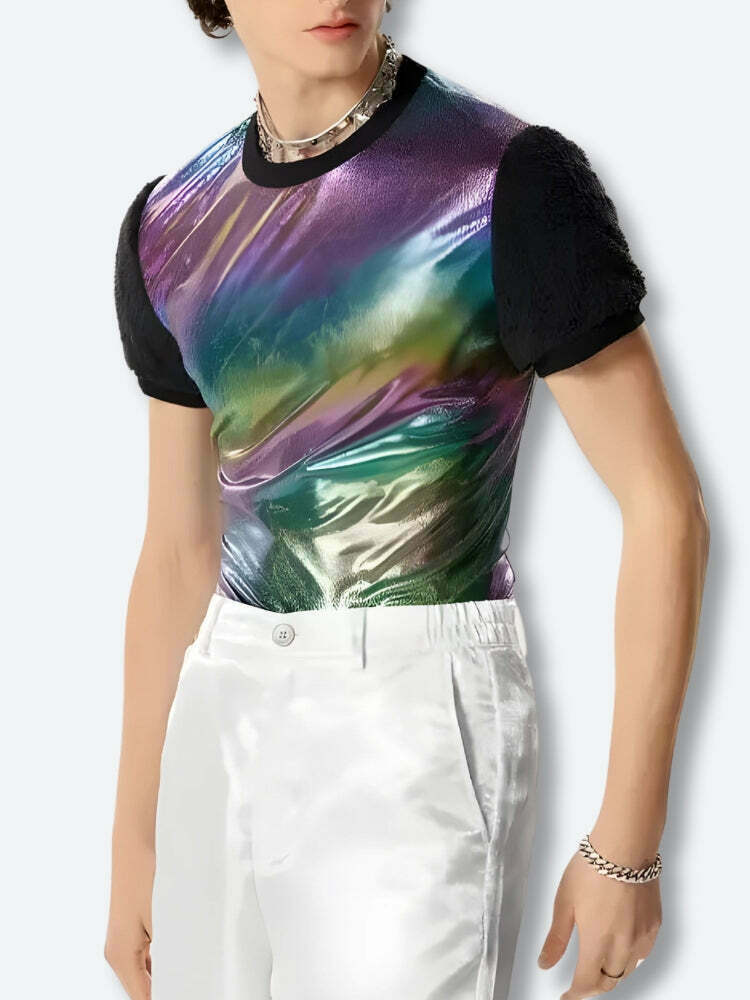 Shimmering Hologram Crop Top with Bow Tie Detail - Trendy Y2K Fairy Style Top