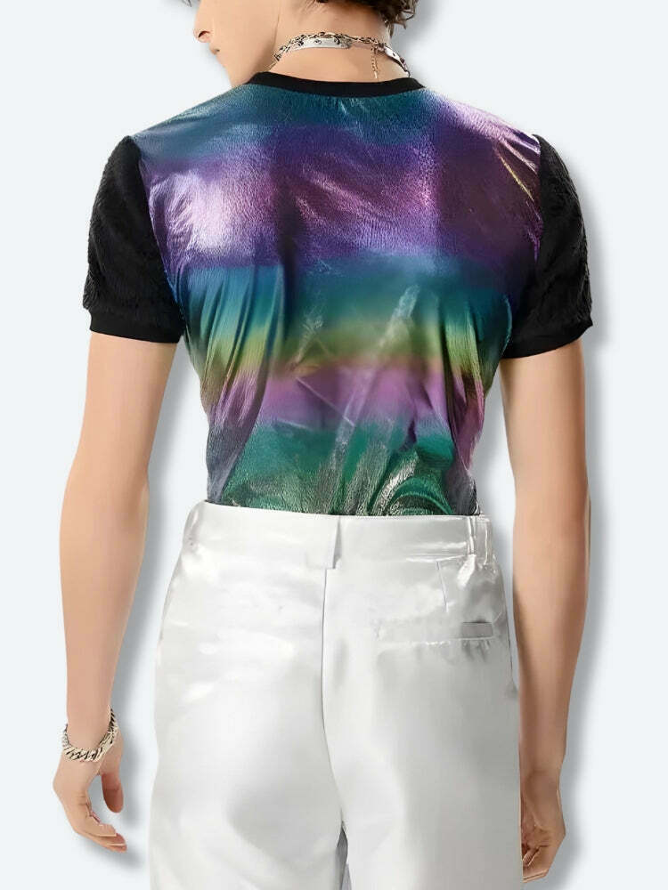 Shimmering Hologram Crop Top with Bow Tie Detail - Trendy Y2K Fairy Style Top