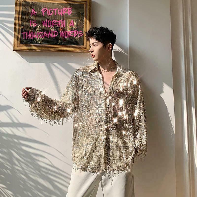 Shiny Sequin Sheer Shirt - Aesthetic Y2K Fashion with Sparkling Details and Trendy Style