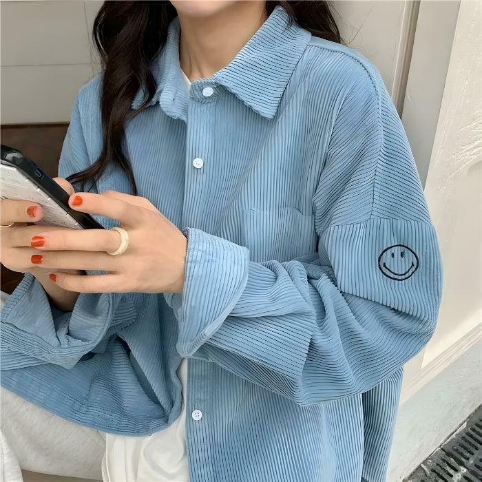 Smiley Embroidered Corduroy Shirt - Cute Y2K Aesthetic Sweatshirt for Trendy Styles