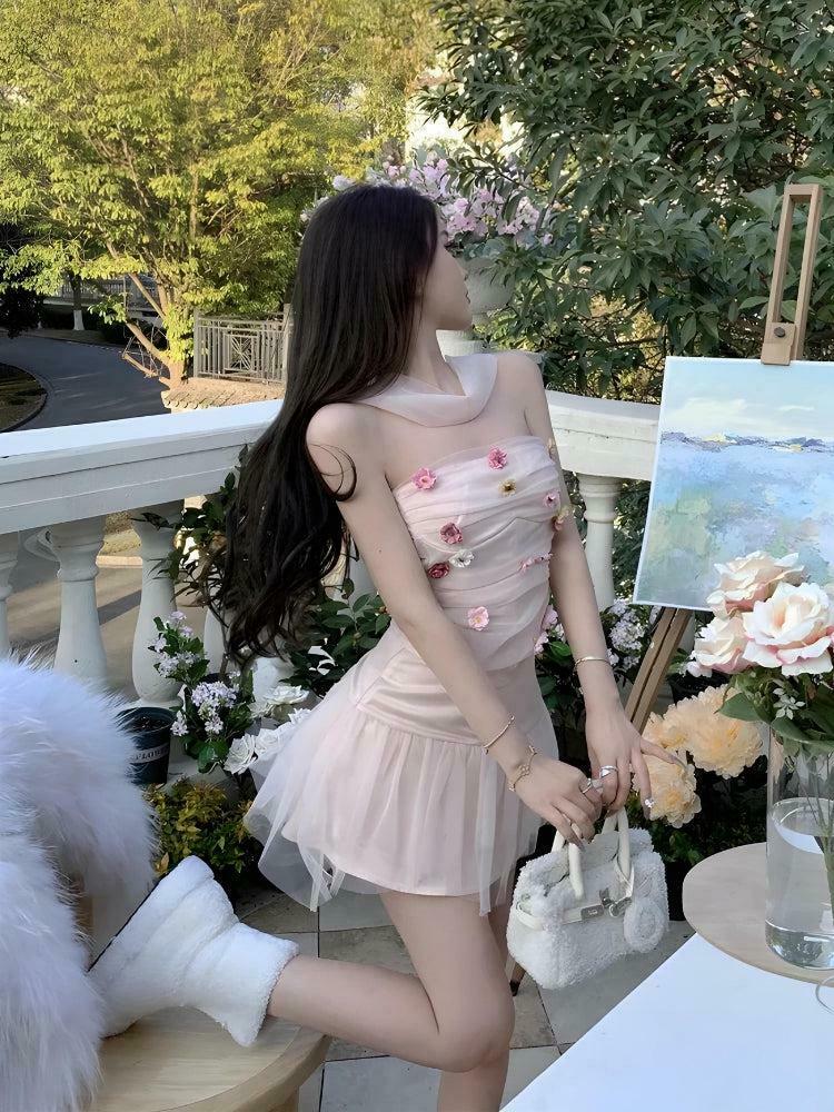 Soft Girl Flower Tube Top & Tulle Mini Skirt Two-Piece Set - Y2K Floral Aesthetic Fashion