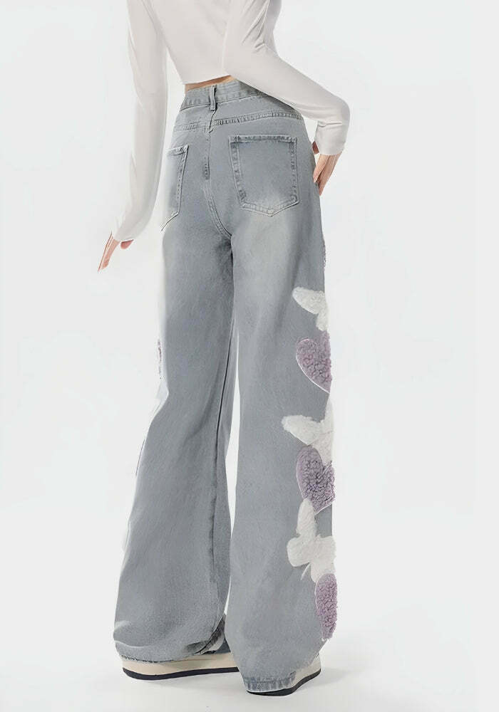 Soft Girl Fluffy Heart Butterfly Jeans - Trendy Baggy Y2K Heart Jeans for Stylish Looks