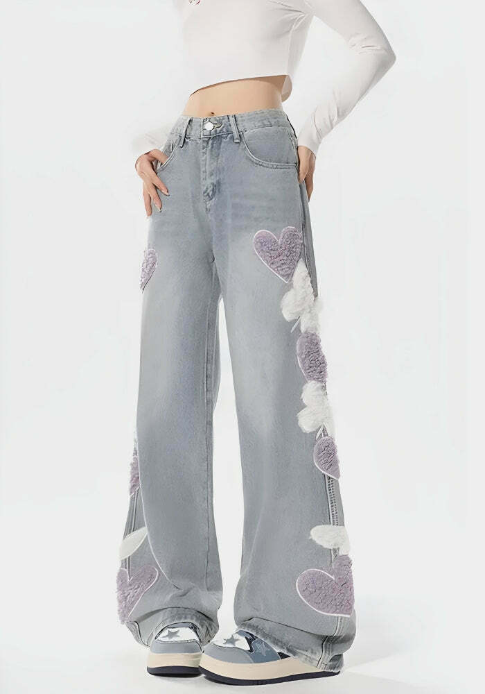 Soft Girl Fluffy Heart Butterfly Jeans - Trendy Baggy Y2K Heart Jeans for Stylish Looks