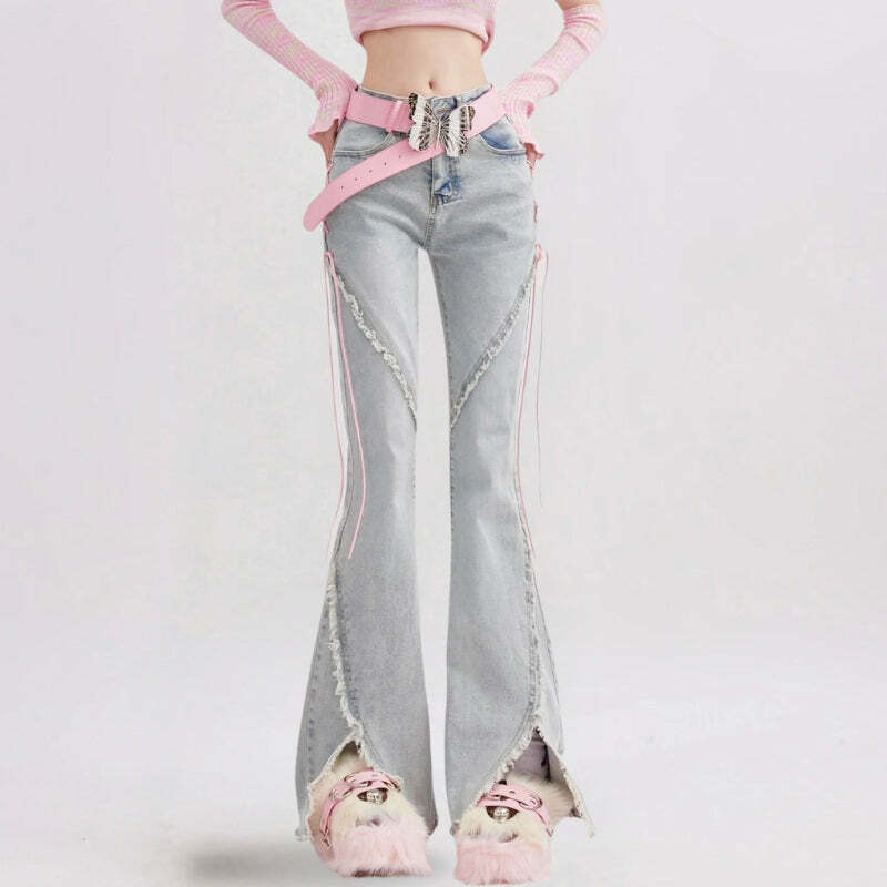 Soft Girl Lace Up Slit Flare Jeans - Trendy Y2K Style with Buckles for Baddie Girls