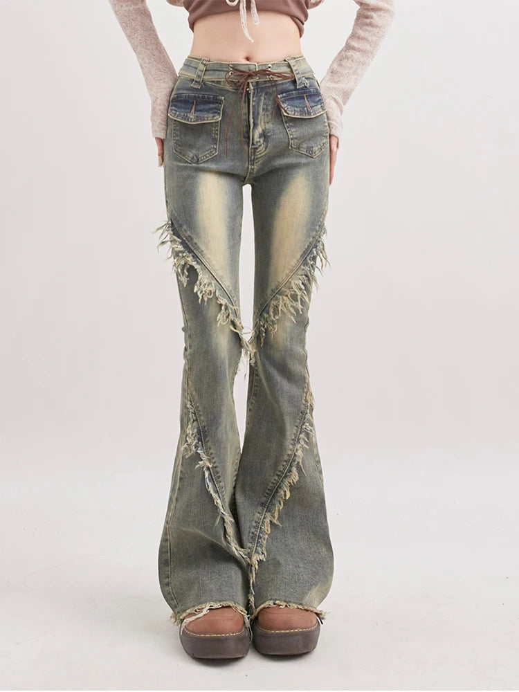 Soft Grunge Tasseled Flare Jeans - Trendy Low Rise Baggy Y2K Style with Unique Buckles