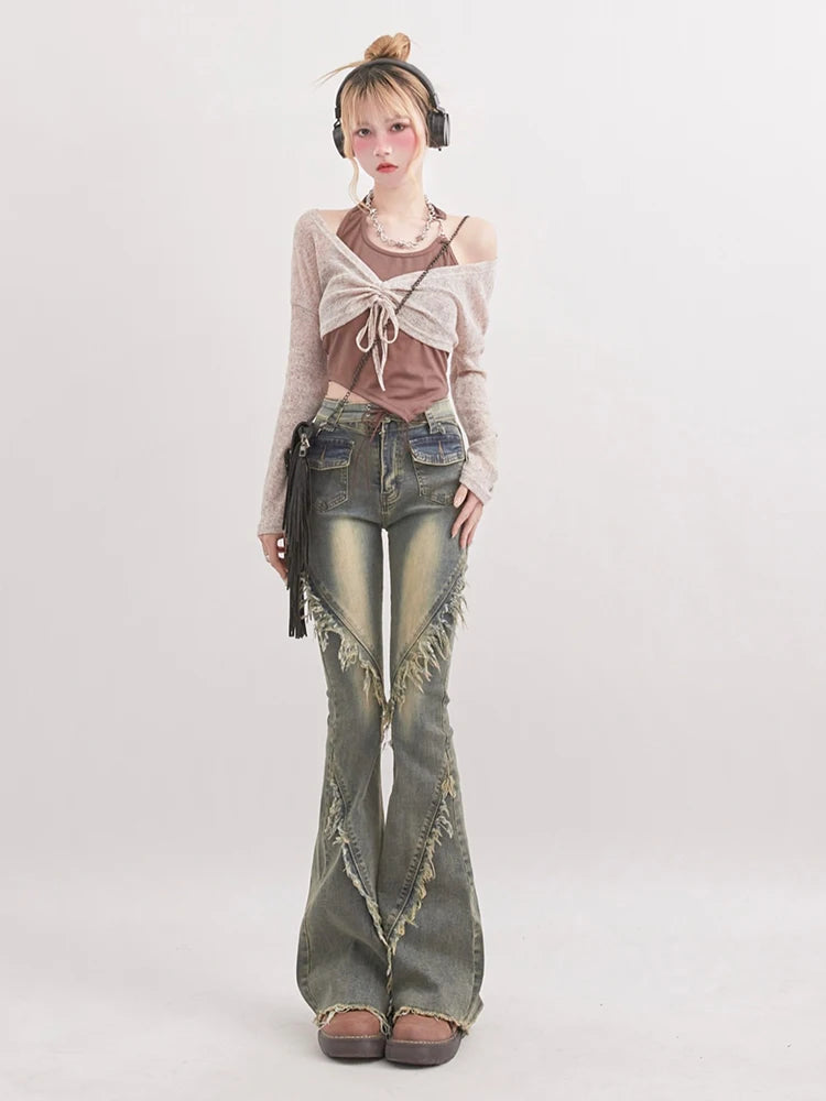 Soft Grunge Tasseled Flare Jeans - Trendy Low Rise Baggy Y2K Style with Unique Buckles