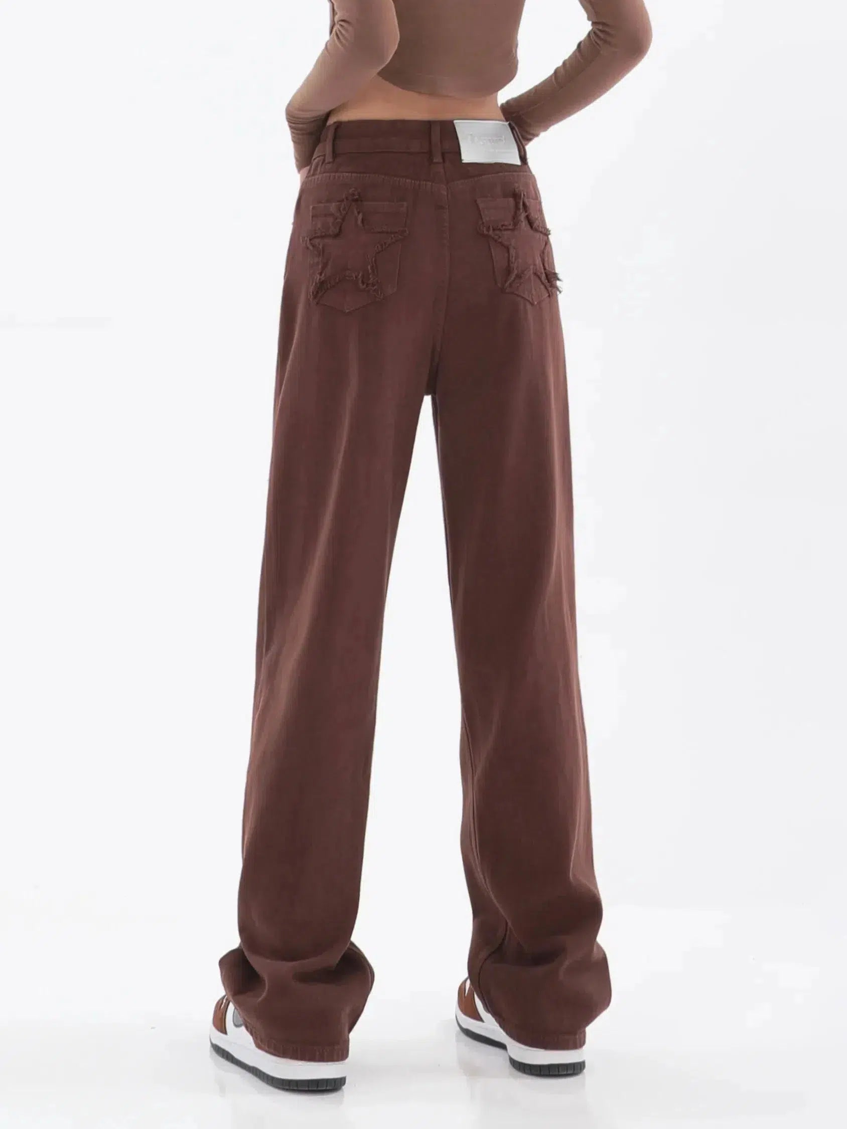 Star Pockets Wide Leg Jeans - Trendy Y2K Style Brown Washed Baggy Jeans for Kids