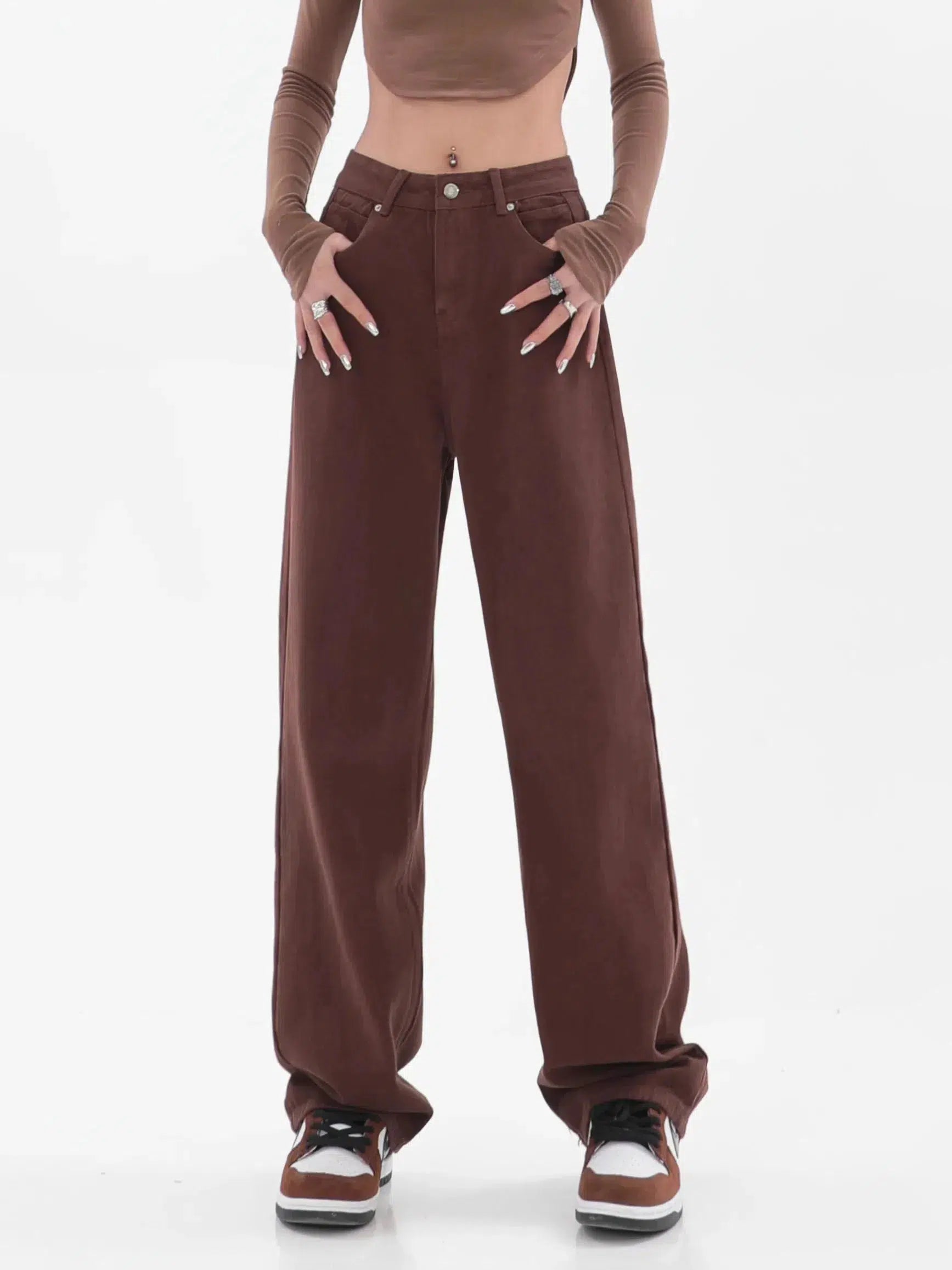 Star Pockets Wide Leg Jeans - Trendy Y2K Style Brown Washed Baggy Jeans for Kids