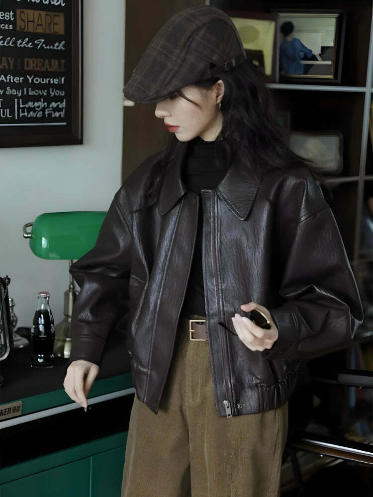 Stylish Brown Faux Leather Y2K Jacket - Trendy Baggy Design for a Chic Look