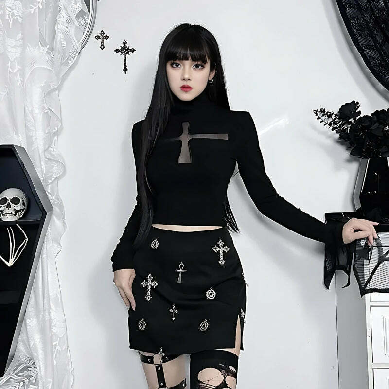 Stylish Goth Cross Cut Out Top - Trendy Y2K Crop Top for Bold Fashion Statements