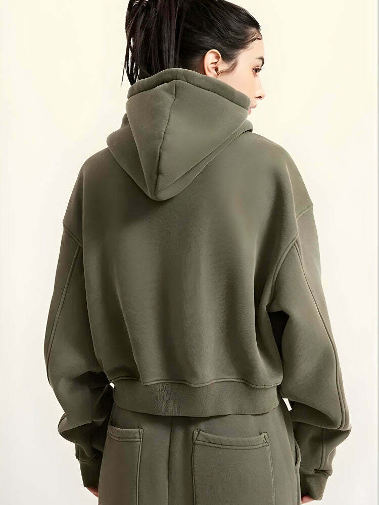 Stylish Y2K Double Zip-Up Cropped Hoodie in Green, Brown, Purple, and More Aesthetic Colors