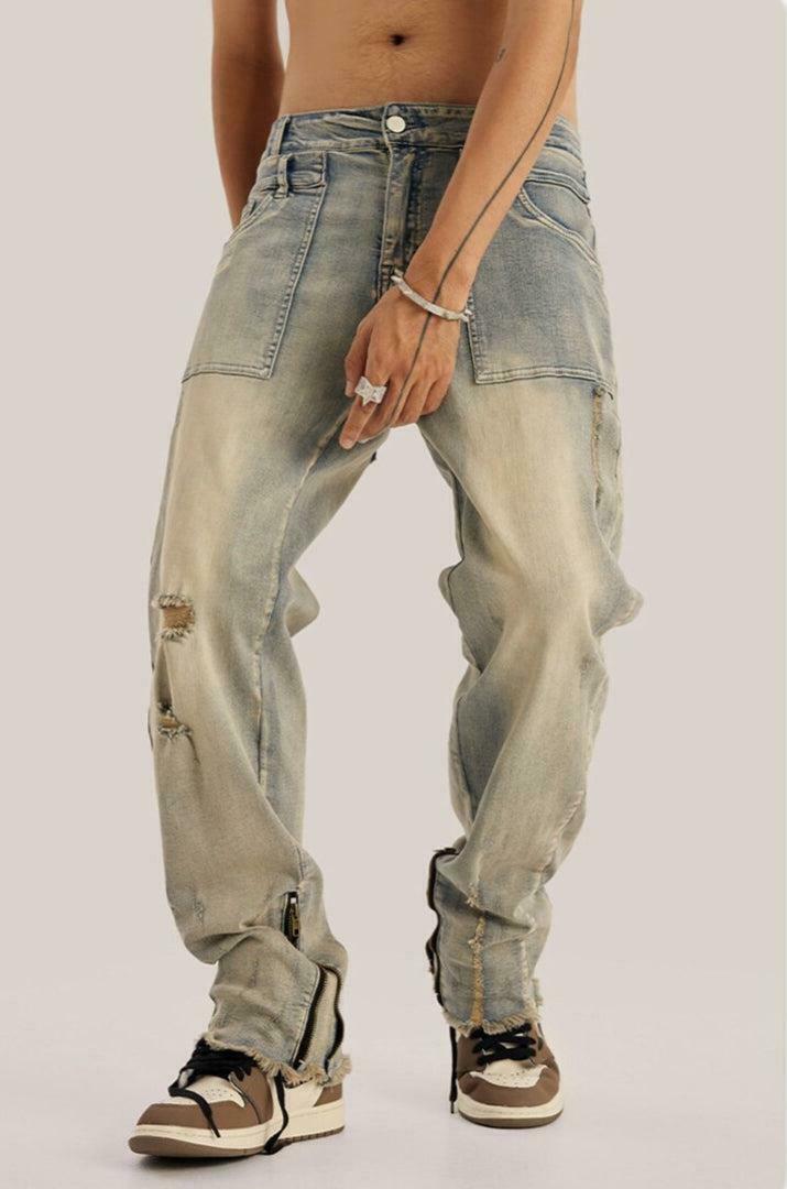 Stylish Y2K Slim Leg Ripped Jeans with Buckles and Star Patch for Trendy Looks