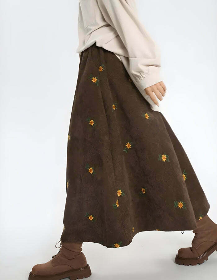 Sunflower Embroidered Corduroy Maxi Skirt - Trendy Y2K Style with Pleated Design