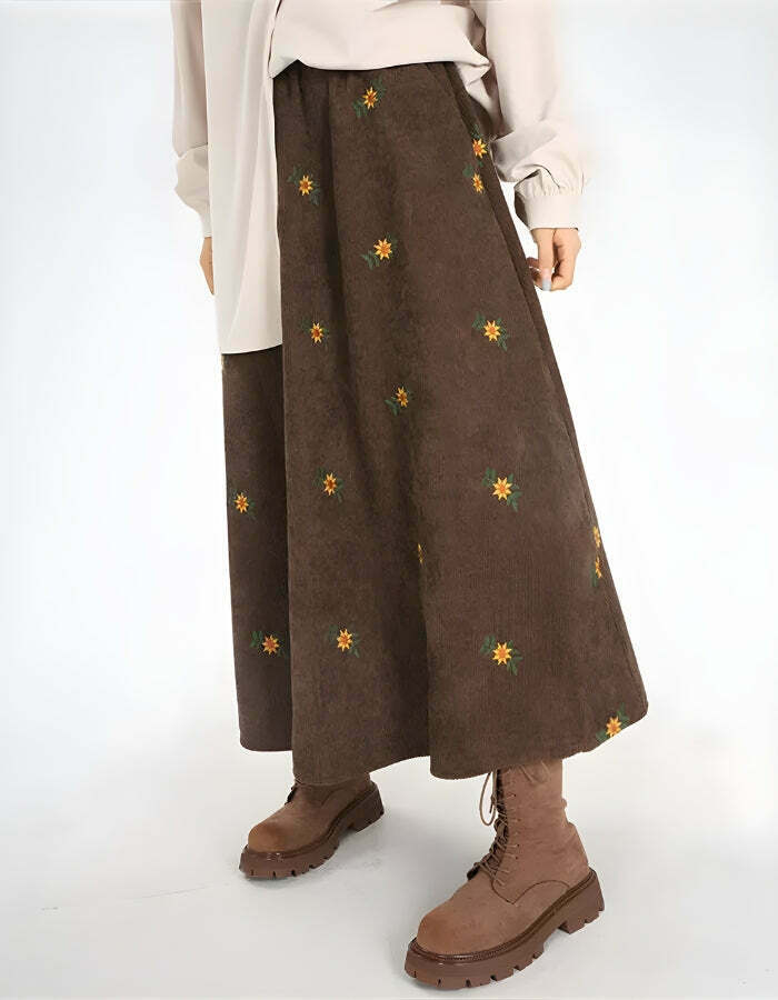 Sunflower Embroidered Corduroy Maxi Skirt - Trendy Y2K Style with Pleated Design