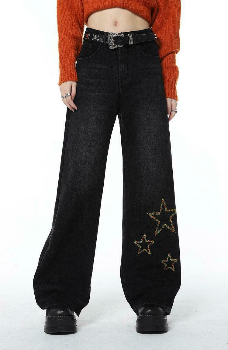 Tinsel Stars Wide Leg Jeans - Trendy Y2K Brown Washed Baggy Jeans with Stylish Buckles