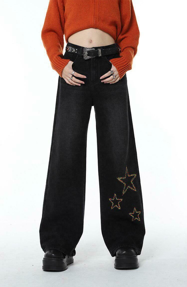 Tinsel Stars Wide Leg Jeans - Trendy Y2K Brown Washed Baggy Jeans with Stylish Buckles